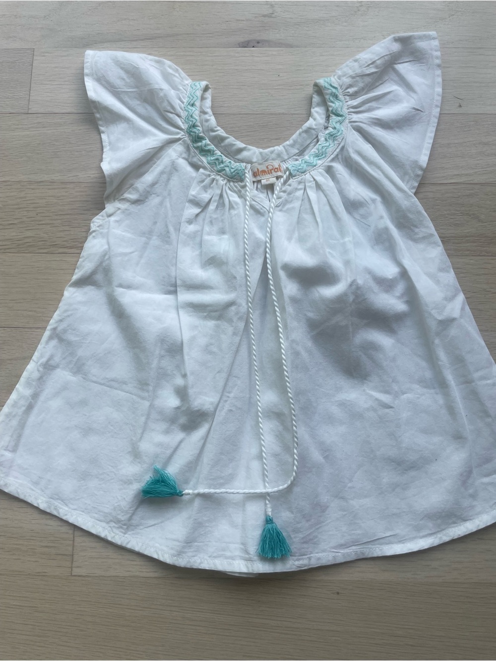 Almirah White Girls' Flutter Sleeve Top with Aqua Trim